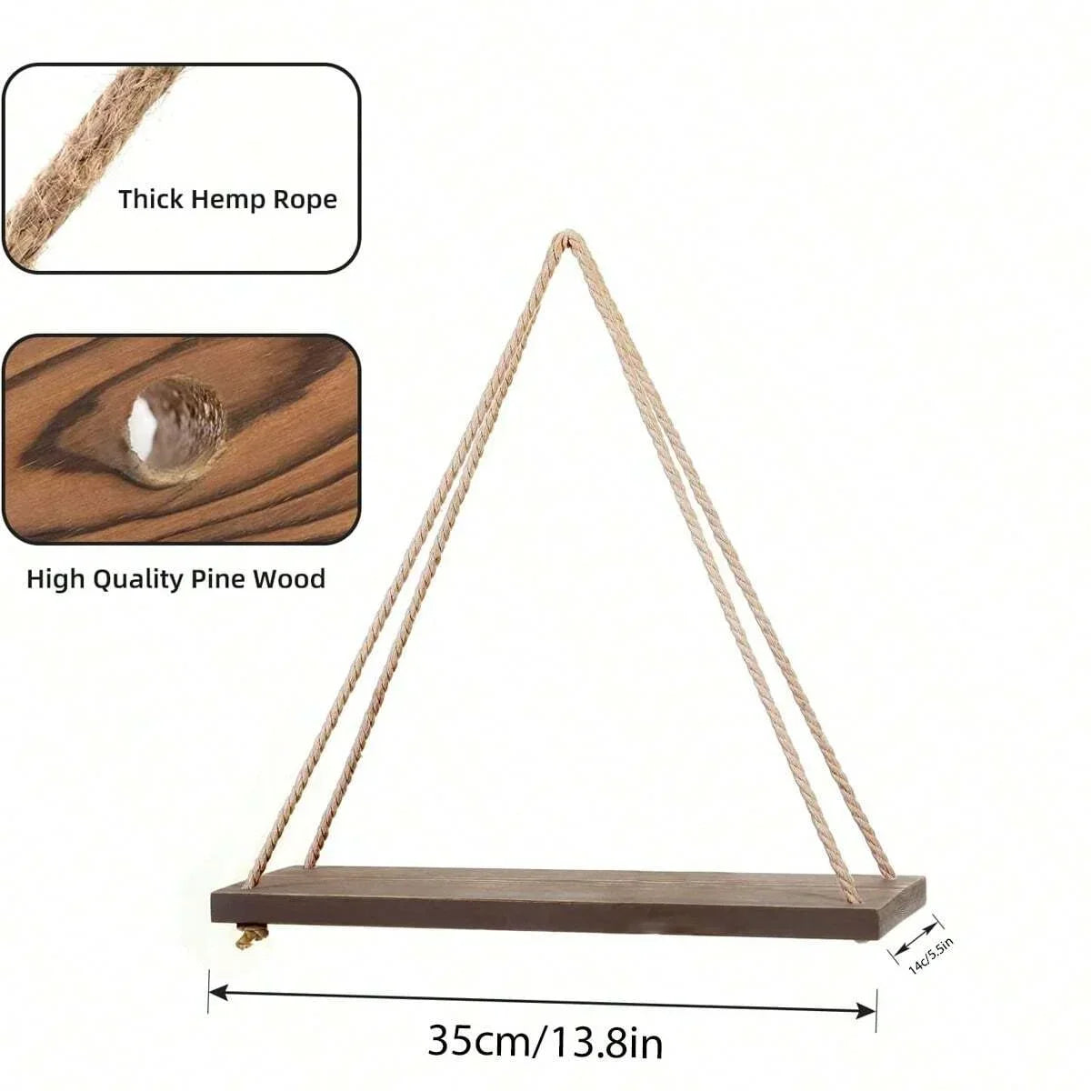 Wooden Hanging Rope Shelf – Floating Wall Mount for Plants, Storage, and Home Decor