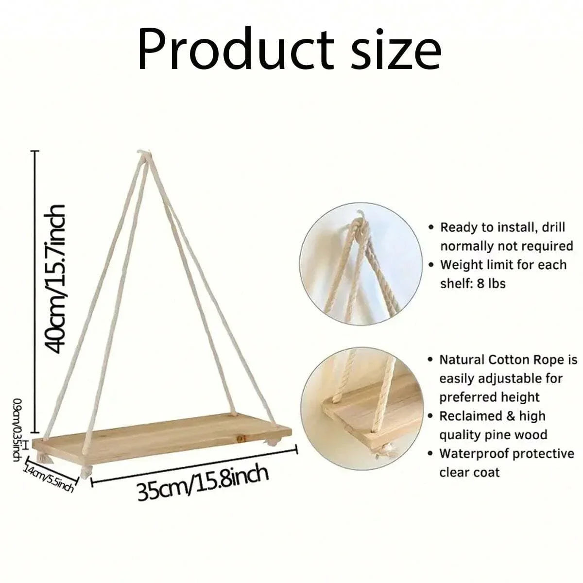 Wooden Hanging Rope Shelf – Floating Wall Mount for Plants, Storage, and Home Decor