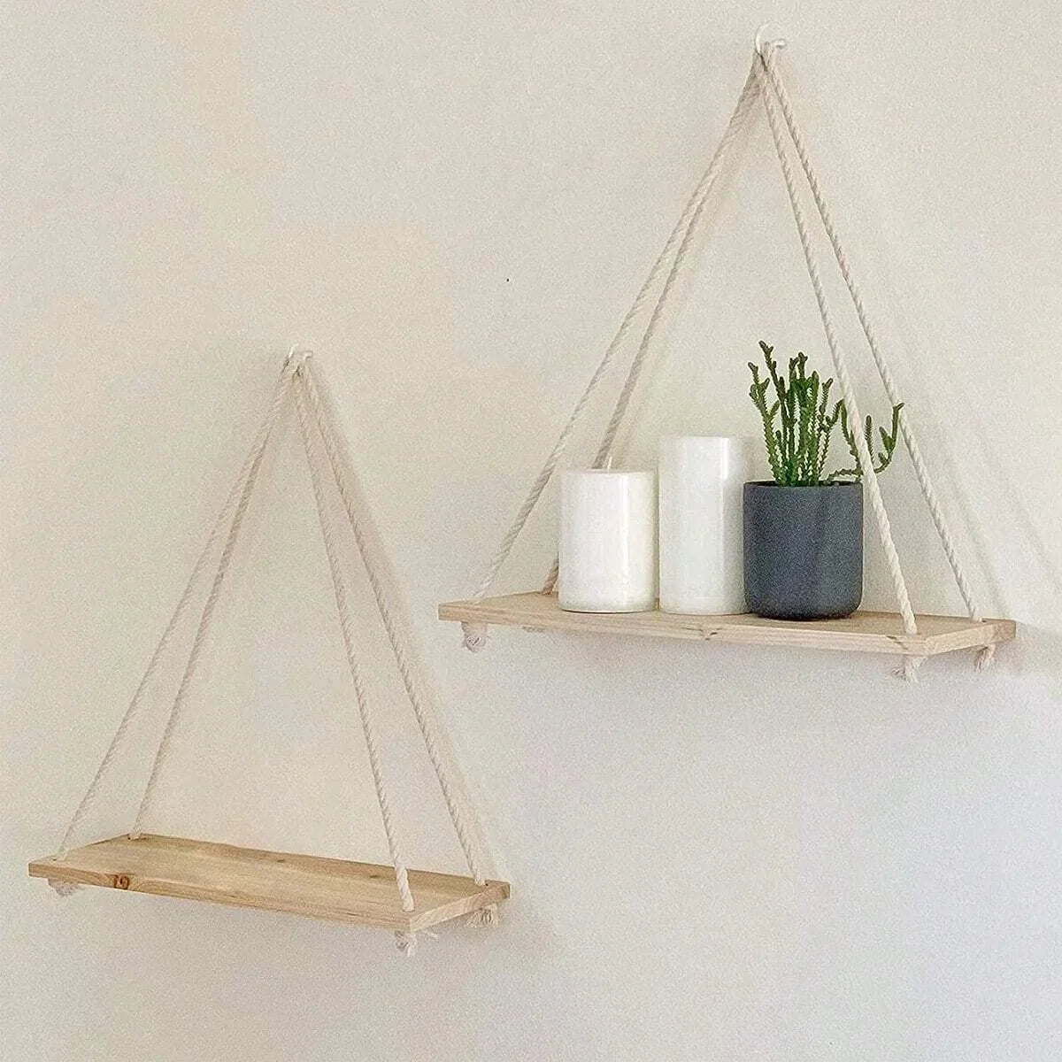 Wooden Hanging Rope Shelf – Floating Wall Mount for Plants, Storage, and Home Decor