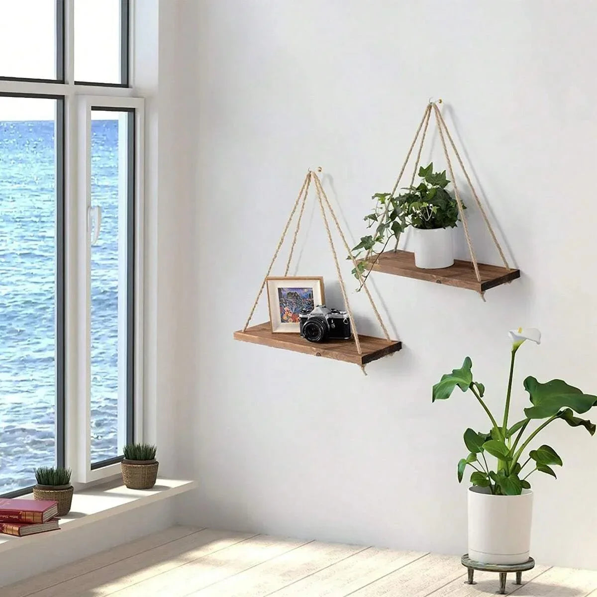 Wooden Hanging Rope Shelf – Floating Wall Mount for Plants, Storage, and Home Decor