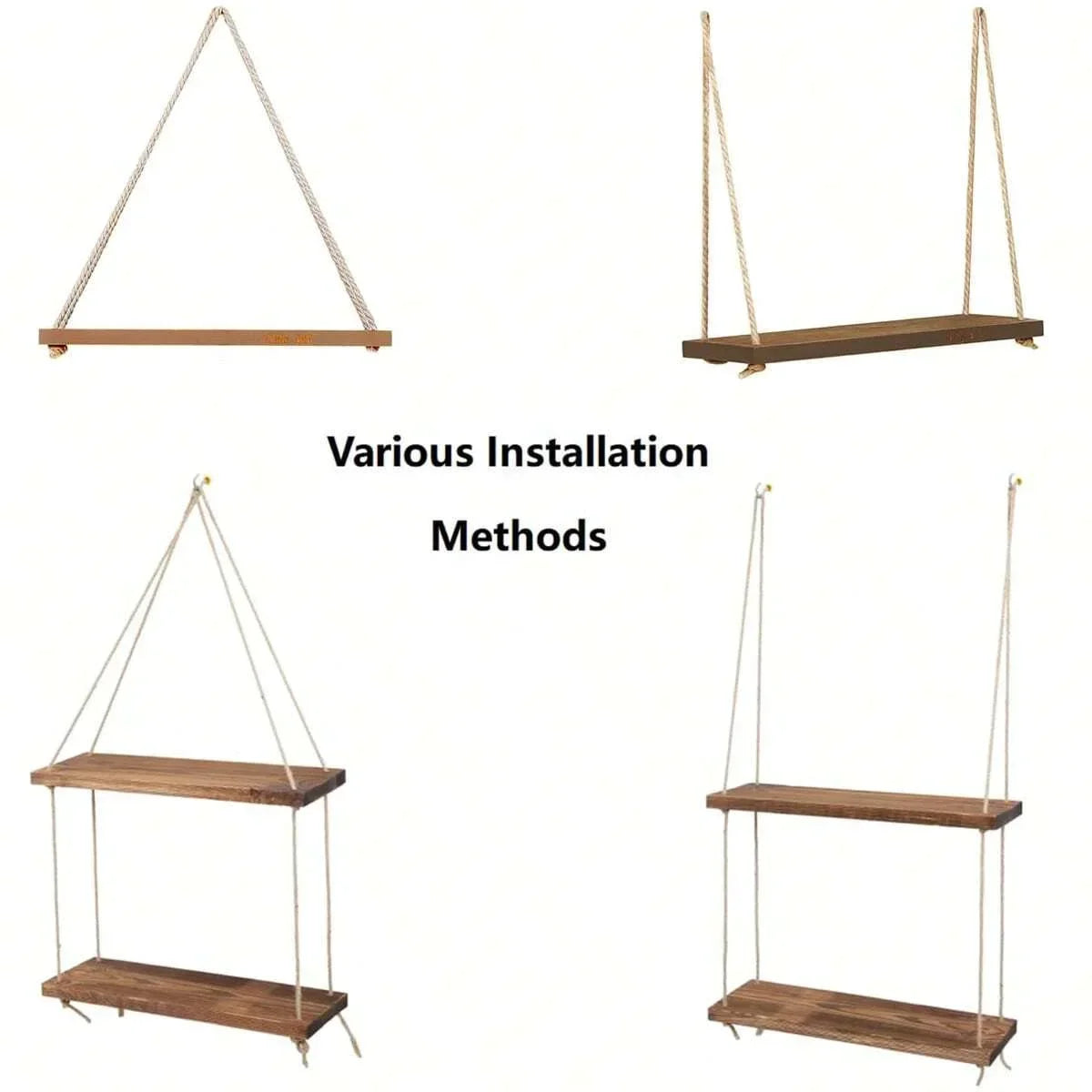 Wooden Hanging Rope Shelf – Floating Wall Mount for Plants, Storage, and Home Decor