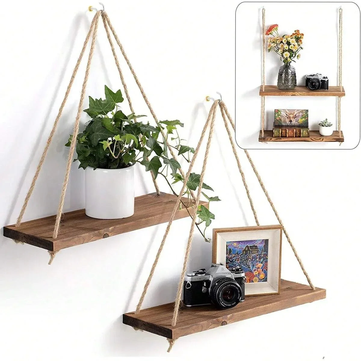 Wooden Hanging Rope Shelf – Floating Wall Mount for Plants, Storage, and Home Decor